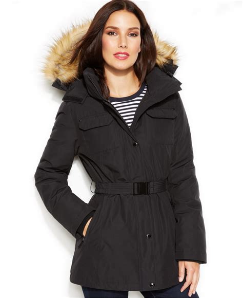 michael michael kors belted faux-fur trim hooded parka|michael michael kors hooded faux fur trim down puffer .